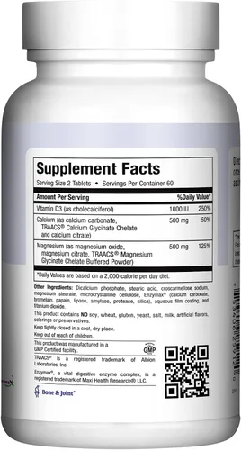 Vista 4 de Suplemento de calcio de 500 mg con vitamina D3 (1000 UI) y magnesio (500 mg) - Soporte para huesos, dientes y articulaciones para hombres y mujeres