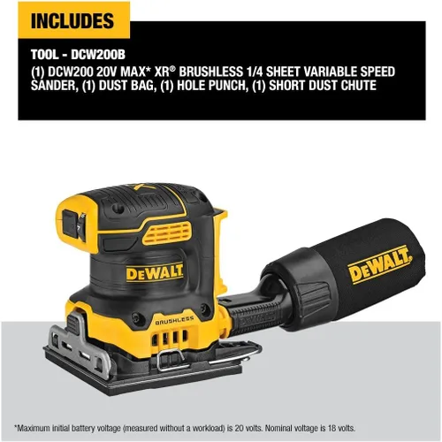 Vista 6 de DEWALT Lijadora inalámbrica de velocidad variable de 1/4 hoja sin escobillas MAX XR de 20 V (solo herramienta) (DCW200B)