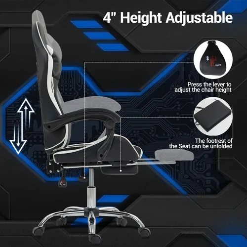 Vista 3 de Silla ergonómica para juegos con madera de masaje, silla de videojuegos gris con reposapiés para adultos y niños, reposacabezas ajustable y soporte