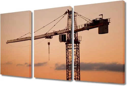 Vista 37 de TUMOVO Arte de pared con diseño de grúa para dormitorio, 3 piezas de grúa pesada al anochecer en un sitio de construcción, póster, pintura, arte