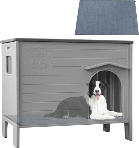 Vista 9 de Casa de perro duradera impermeable de plástico para interiores y exteriores, casa de perro exterior con ventana lateral y piso elevado, fácil
