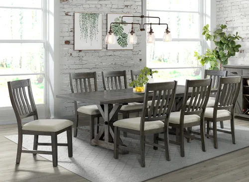 Vista 2 de Sunset Trading Juego de comedor gris de 8 piezas Mesa extensible rectangular de 96 pulgadas 8 sillas laterales tapizadas Madera envejecida