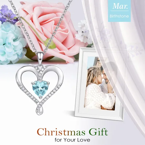 Vista 6 de AM ANNIS MUNN Birthstone Necklace for Women, 18K White Gold Heart Necklace Filled 925 Sterling Silver, Diamond Womens Jewelry Christmas Gifts for