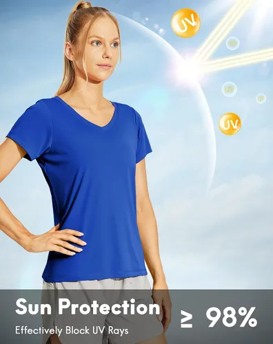 Vista 2 de Haimont Camisetas de manga corta de secado rápido para mujer, cuello en V, UPF 50+, para entrenamiento, atletismo, fitness, correr, absorben