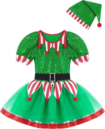 Vista 5 de YiZYiF Disfraz de elfo de Navidad para niños y niñas, fiesta de vacaciones, vestido de cosplay con lentejuelas, trajes festivos