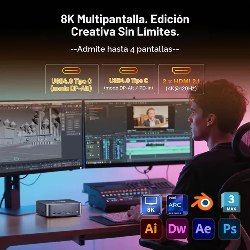Vista 5 de Mini PC GEEKOM GT1 Mega AI, Intel Ultra9 185H (hasta 5.1 GHz) 32 GB DDR5+SSD de 2 TB Negro