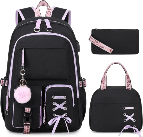 Vista 8 de ACESAK Mochilas para niñas, adolescentes y niños de primaria, secundaria, preparatoria, universidad, mochila escolar para niños estudiantes, Negro