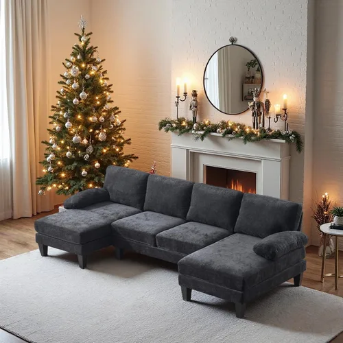 Vista 21 de VINGLI Sofá modular de 110 pulgadas para sala de estar, sofá en forma de U con diván doble, juego de sofá de 4 asientos con tela de felpilla