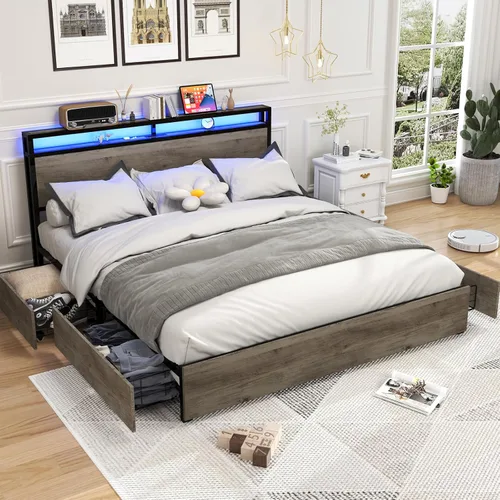 Vista 7 de Kiivakii Base de cama tamaño King con 4 cajones de almacenamiento, plataforma LED con cabecero, estación de carga integrada, sin ruido, base de Gris