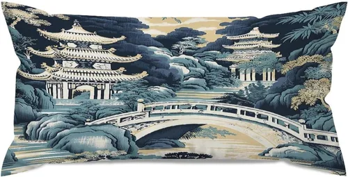 Vista 11 de Chinoiserie - Fundas de almohada decorativas de porcelana azul y blanca con patrón de edificios de estilo chino de 12 x 20 pulgadas, fundas de cojín