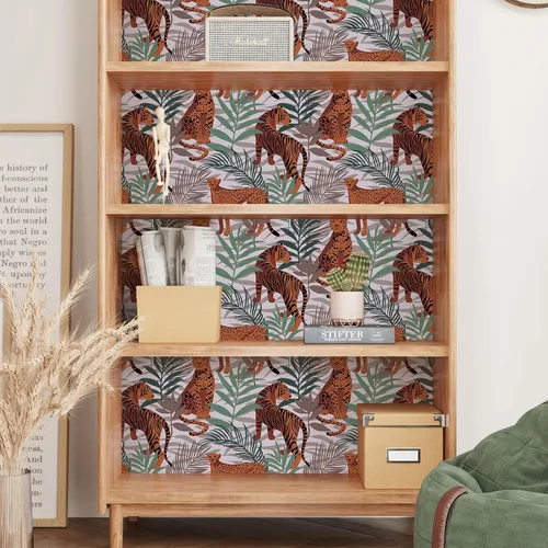 Vista 4 de CRE8TIVE Papel tapiz de animales de tigre y leopardo, hojas exóticas de selva tropical, papel tapiz de despegar y pegar, papel tapiz de 12 x 118