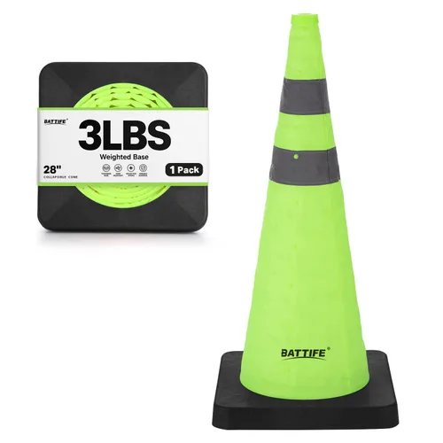 Vista 13 de BATTIFE [1 Paquete] Conos azules plegables de seguridad de tráfico de 28 pulgadas con base negra pesada, conos emergentes multiusos con collar