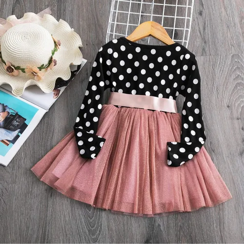 Vista 3 de Vestido de fiesta con tutú NNJXD para niña, con lunares, volantes con varias capas, de manga larga