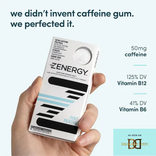 Vista 2 de ZENERGY Goma de mascar energética, 50 mg de cafeína por pieza con vitaminas B6 y B12, 0 calorías, sin azúcar y gluten, sin OMG, vegano y sin