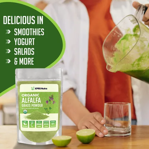Vista 4 de XPRS Nutra Polvo de alfalfa orgánica Suplemento de alfalfa vegana premium rico en calcio, antioxidantes, vitaminas, suplemento de alfalfa