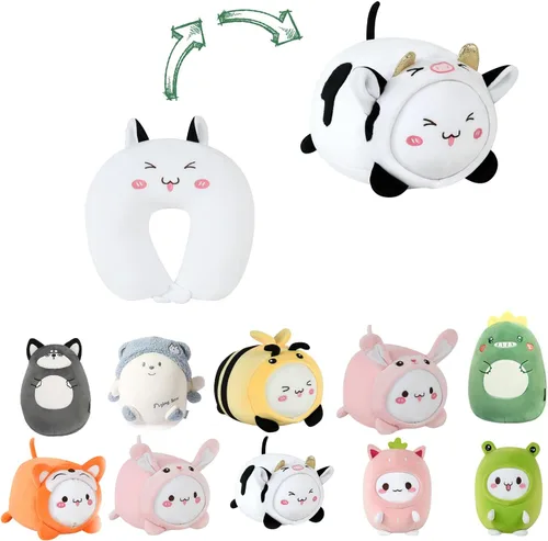 Vista 12 de Almohada de viaje para niños, almohada de cuello deformable 2 en 1 para niños, almohada suave en forma de U con adorable diseño de animales, cómodo
