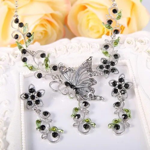 Vista 5 de EleQueen Conjunto de collar y pendientes de mariposa, flor y hoja de cristal austriaco para mujer Negro
