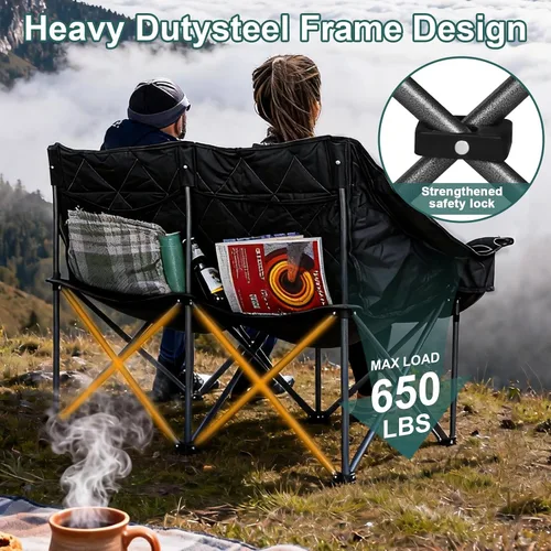 Vista 5 de Romswi Silla de campamento doble, silla de campamento para 2 personas, sofá biplaza plegable de gran tamaño, sofá de campamento resistente y sofá al