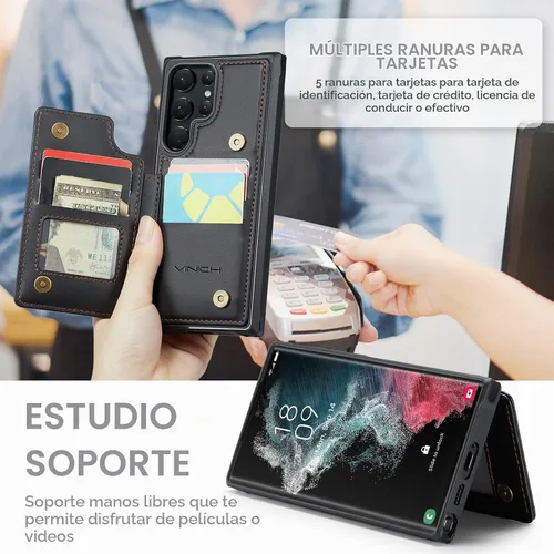 Vista 7 de Vinich Funda tipo cartera para Samsung Galaxy S22 Ultra con tarjetero Negro