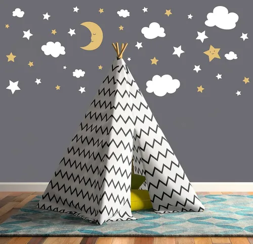 Vista 3 de Calcomanías de pared de luna creciente, estrellas y nubes, calcomanías de pared de luna y estrellas, cielo estrellado, decoración de sala