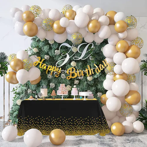 Vista 6 de Paquete de 10 manteles rectangulares de plástico y camino de mesa de satén, mantel desechable negro rectangular y dorado para cumpleaños