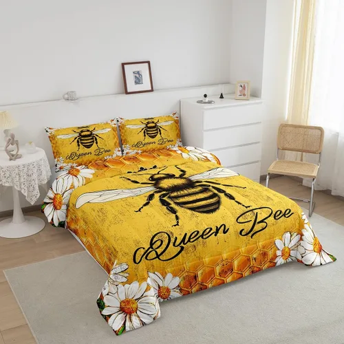 Vista 2 de Erosebridal Juego de edredón vintage de abeja para mujer, juego de ropa de cama rústica de margaritas tamaño individual, relleno de edredón de abeja