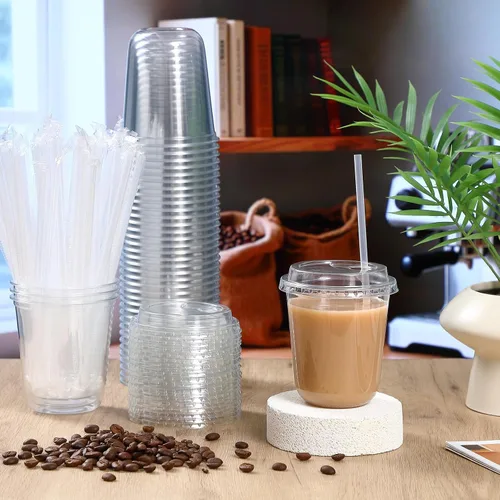 Vista 2 de Ziliny 50 juegos de vasos de plástico transparente con tapas y pajitas, vasos desechables para café helado a granel PET para vino, cóctel, batido