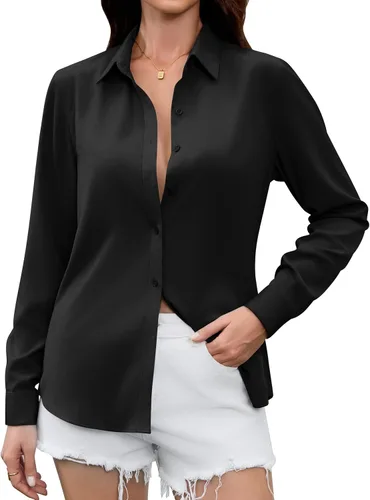 Vista 7 de Camisas Premium de Seda Satinada Suave y Transpirable con Botones para Mujer, Blusas de Manga Larga, Tops de Trabajo Casuales