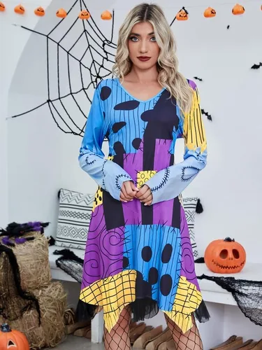 Vista 2 de Disfraces de Halloween para mujer, manga larga, cuello en V, retazos, cosplay, vestido multicolor