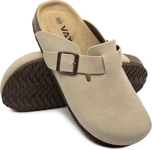 Vista 5 de Zuecos de ante con plantilla de corcho, sandalias de patata, mules de confort con soporte de arco, chanclas cómodas de slip on