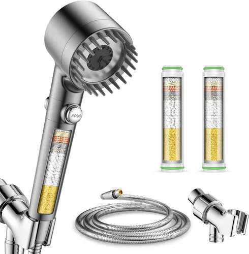 Vista 10 de Filtered Shower Head with Handheld with 4PCS Filters, High Pressure 4 Spray Modes Shower heads with Filter, IronDrops Water Softener Filter for Hard