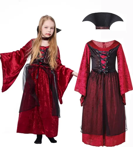 Vista 8 de IKALI - Disfraz elegante de vampiro para niña, vestido de princesa para Halloween