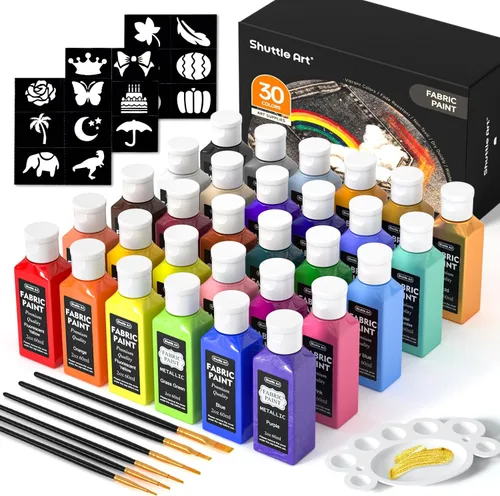 Vista 9 de Shuttle Art Pintura para tela, 18 colores de pintura para tela suave permanente en botellas (60ml/2oz) con pinceles, paleta, plantillas, pintura