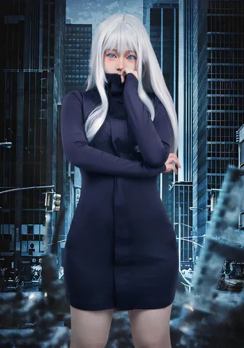 Vista 3 de C-ZOFEK Disfraz de Satoru para mujer, talla de EE. UU., vestido morado con gafas para Halloween