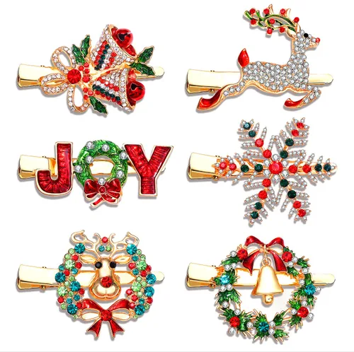 Vista 10 de PHALIN Pinzas para el cabello de Navidad para mujer, corona de copos de nieve, campanas de reno, horquillas para el pelo con diamantes de imitación