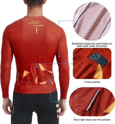 Vista 87 de Santic - Camiseta de ciclismo para hombre, manga larga, reflejante, cremallera completa, con bolsillos