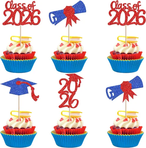 Vista 8 de 30 piezas de decoración para cupcakes de graduación para la clase de 2026 con purpurina brillante para el futuro diploma hecho 2026 Felicidades