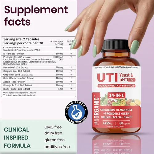 Vista 7 de UTI Levadura y pH Pro+ Paquete de 2 Hidratación femenina diaria y apoyo de equilibrio con arándano, D-manosa, aloe, hibisco Probado por