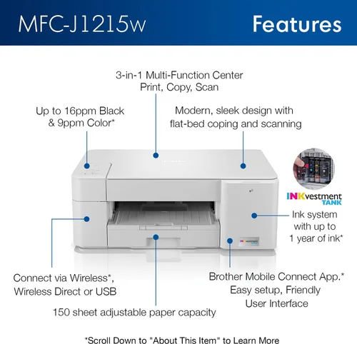 Vista 3 de Brother MFC-J1215W INKvestment Tank Impresora inalámbrica de inyección de tinta todo en uno a color para oficina en casa, impresión, copia, escaneo