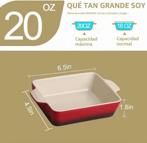 Vista 4 de Sweejar Plato de Cerámica para Hornear, Bandeja Rectangular Pequeña para Hornear con Asas Dobles, 20 Oz para Cocinar, Brownie, Cocina, 6.5 x 4.9 x