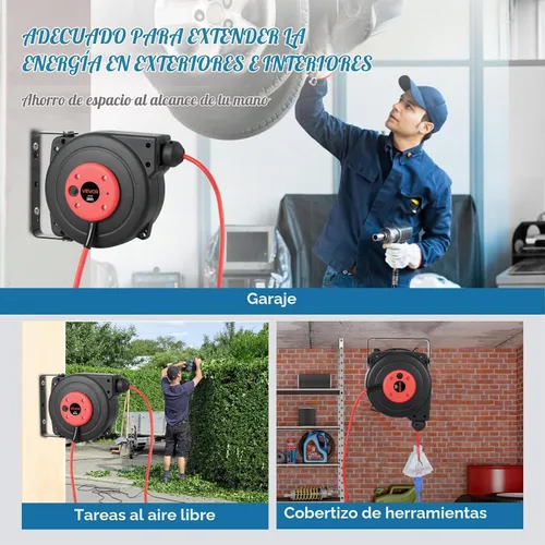 Vista 5 de VEVOR Carrete de cable de extensión retráctil, 30 pies, carrete de cable de alimentación retráctil resistente 16AWG/3C SJTOW con toma triple Rojo