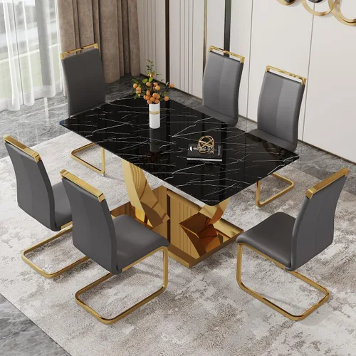 Vista 33 de Juego de mesa de comedor de 63 pulgadas para 4, juego de mesa de comedor dorado moderno para 4, juego de mesa de cocina de mármol sintético