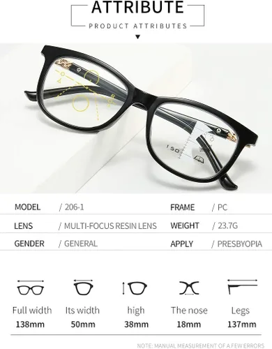 Vista 2 de Gafas de lectura progresivas multienfoque para hombres y mujeres, sin línea, multifocales, lentes de lectura con bloqueo de luz azul, 100% Negro