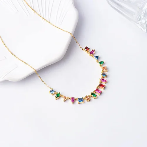 Vista 7 de G&GEMSJEW Women Gold Colorful Gemstone Necklace Multicolor CZ Rainbow Chain Choker for Girls 14K Gold Plated Multi Gems Necklace