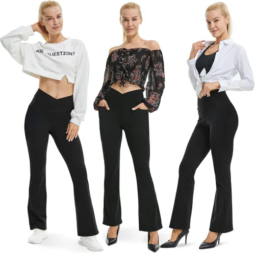 Vista 4 de FireSwan Leggings acampanados cruzados para mujer con bolsillos, corte de bota, cintura alta, pantalones de yoga con control de abdomen, pantalones