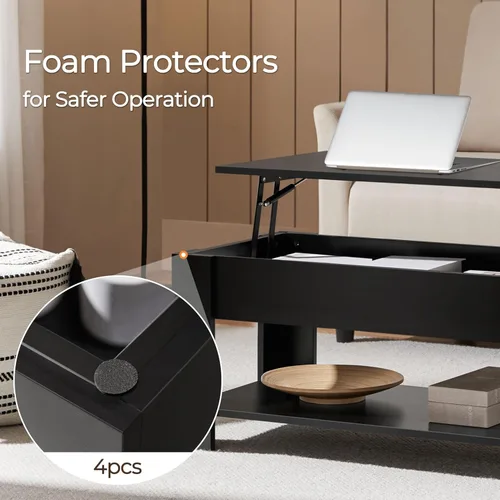 Vista 9 de Yaheetech Mesa de café de madera, mesa de centro con estante de almacenamiento oculto grande, mesa de comedor con superficie elevada para sala
