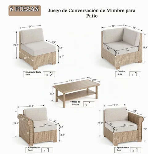 Vista 4 de SUNSHINE VALLEY - Juego de muebles de mimbre para patio de 6 piezas con 5