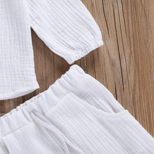 Vista 6 de Conjunto de ropa de algodón y lino de manga larga con botones y pantalones con cordón para bebé