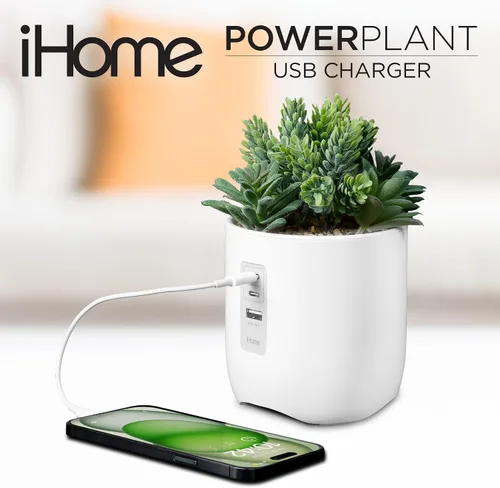 Vista 2 de iHome PowerPlant - Estación de carga, suculentas falsas con estación de carga USB para iPhone, Android y más, color blanco (iPP45)
