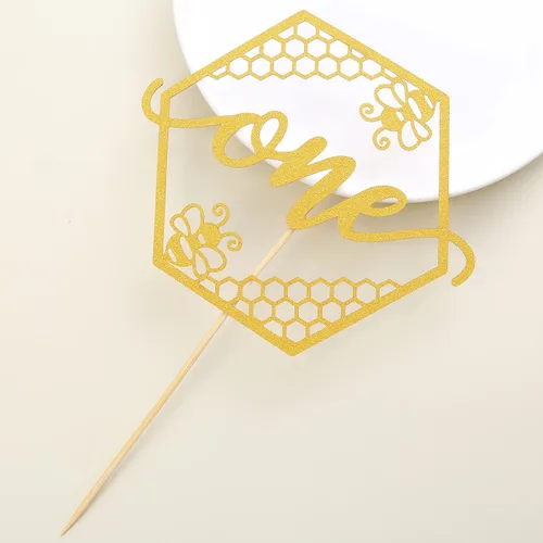 Vista 5 de Bumble Bee One - Decoración de pastel con purpurina dorada en forma de panal de abeja para el primer cumpleaños de miel Gold glitter cardstock
